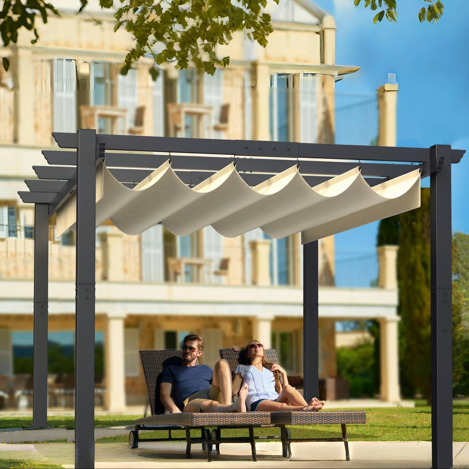 Garvee 10x13ft Aluminum Pergola with Retractable UV Canopy - Upgraded Oxford Fabric & Durable Frame for Backyard, Garden, Deck (Grey)